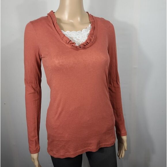 J.crew Burnt Orange long Sleeve Ruffled Neck Top - Picture 8 of 9